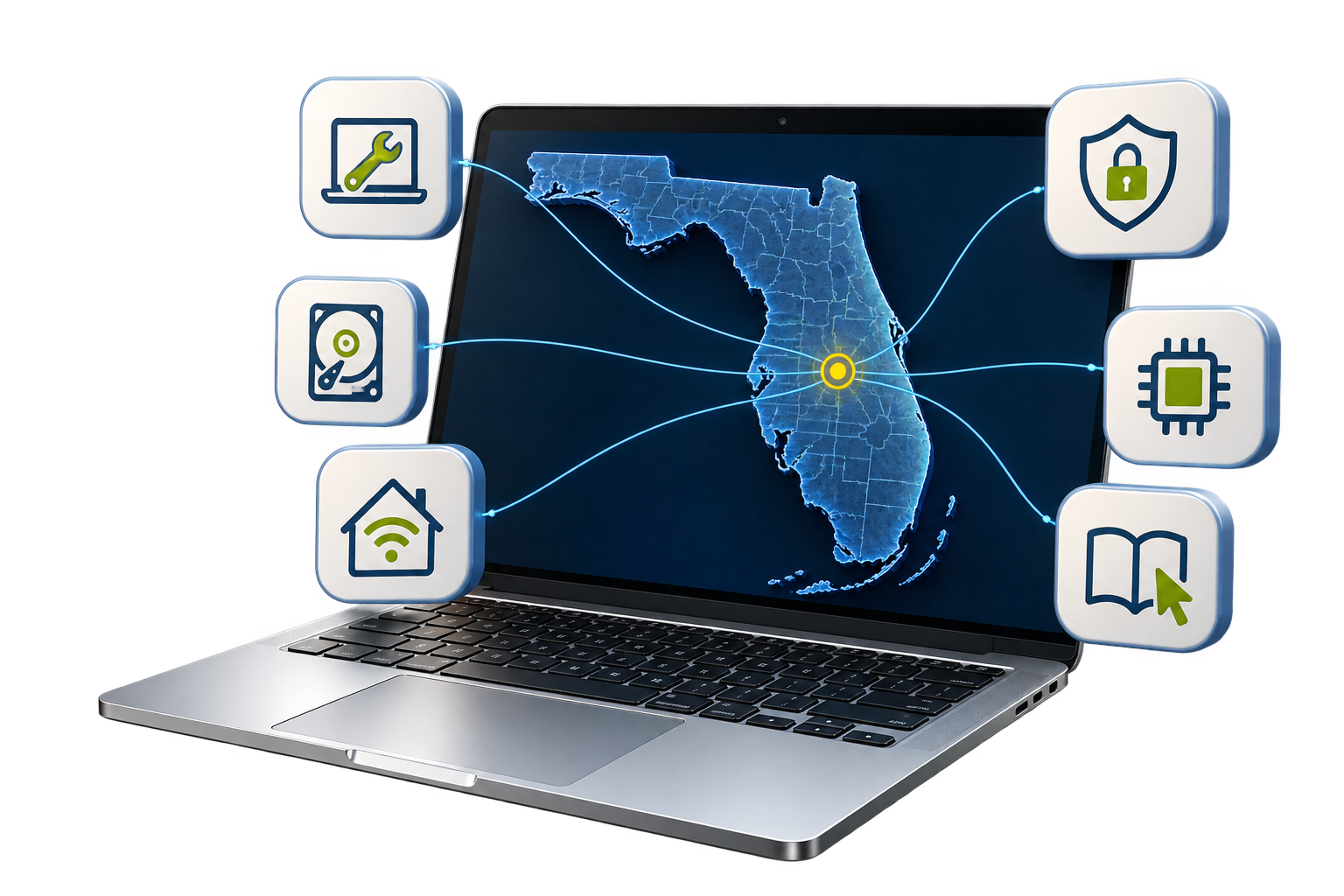 Laptop and Florida silhouette connected to repair, security, data recovery, upgrades, training and on-site help icons.