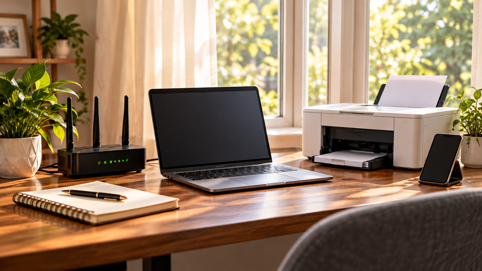 Laptop, printer and router in a home office