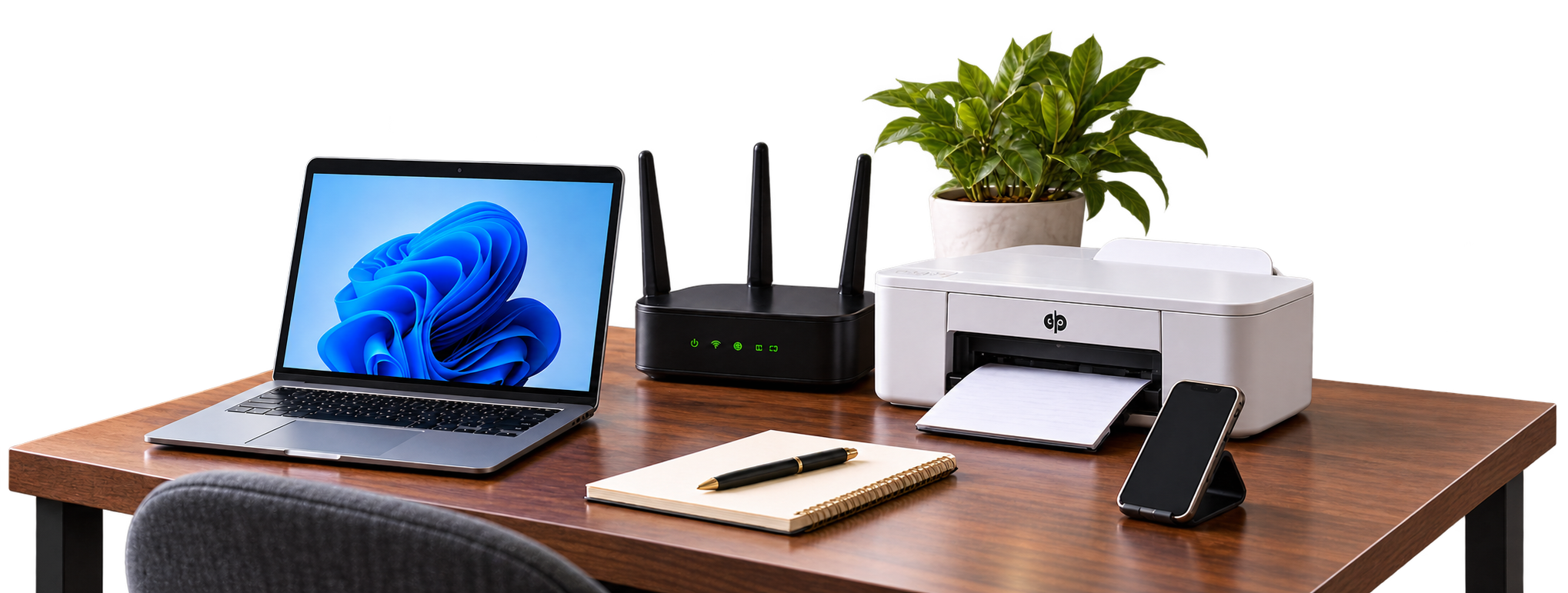Laptop, Wi-Fi router and printer on a home office desk