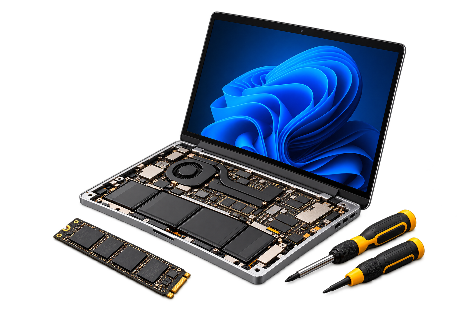 Open laptop, NVMe drive and precision screwdrivers