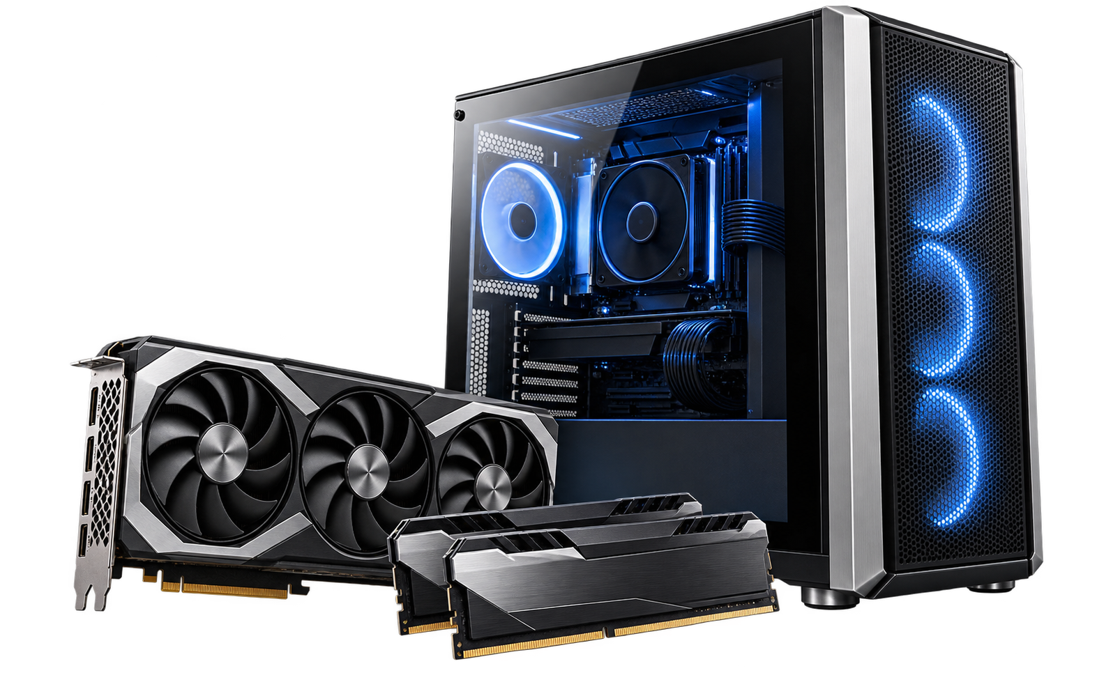Desktop PC tower with graphics card and memory modules