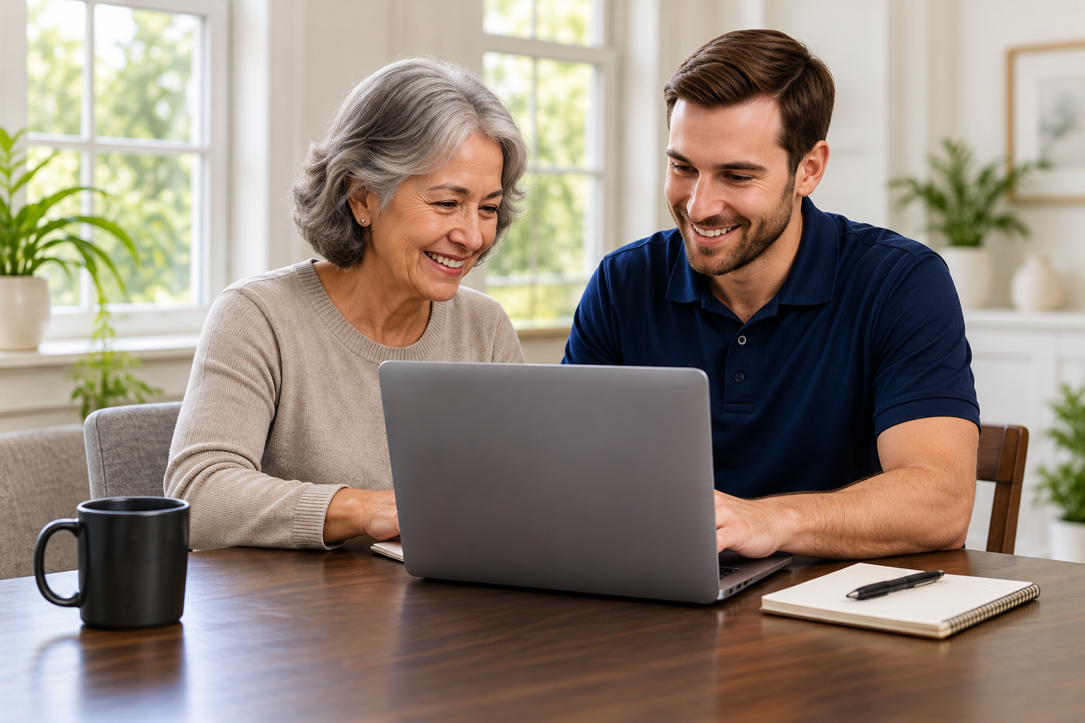 Illustration of a technology tutor helping an older woman with a laptop