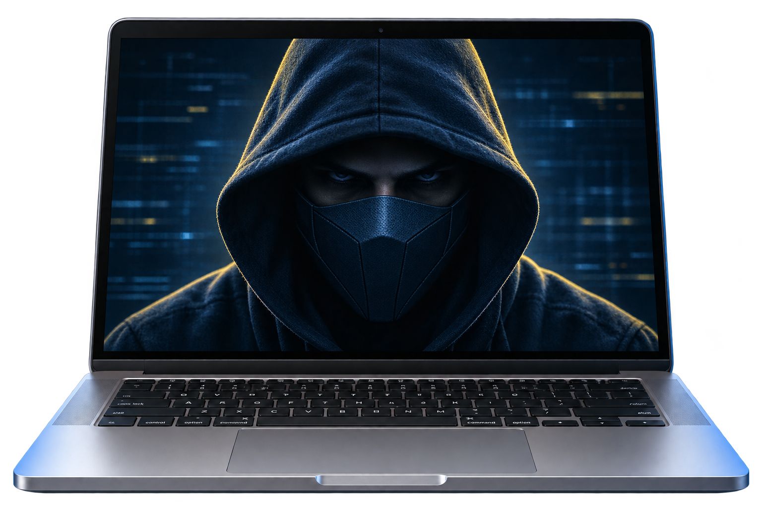 Laptop displaying an anonymous hooded scammer avatar