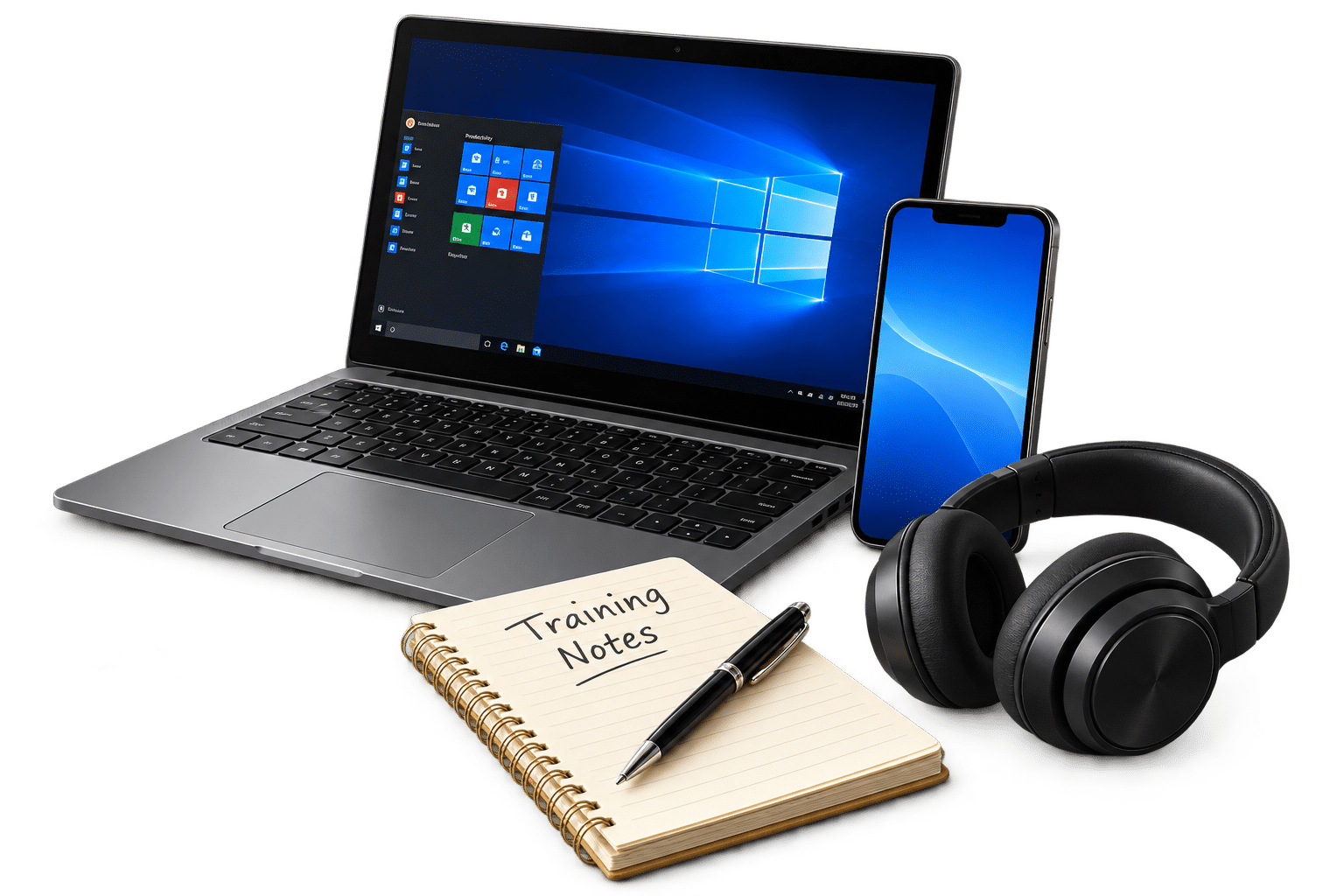 Laptop, phone, headphones and training notebook