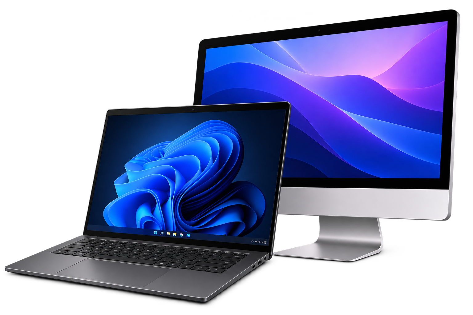 Windows 11 laptop and Mac desktop computer